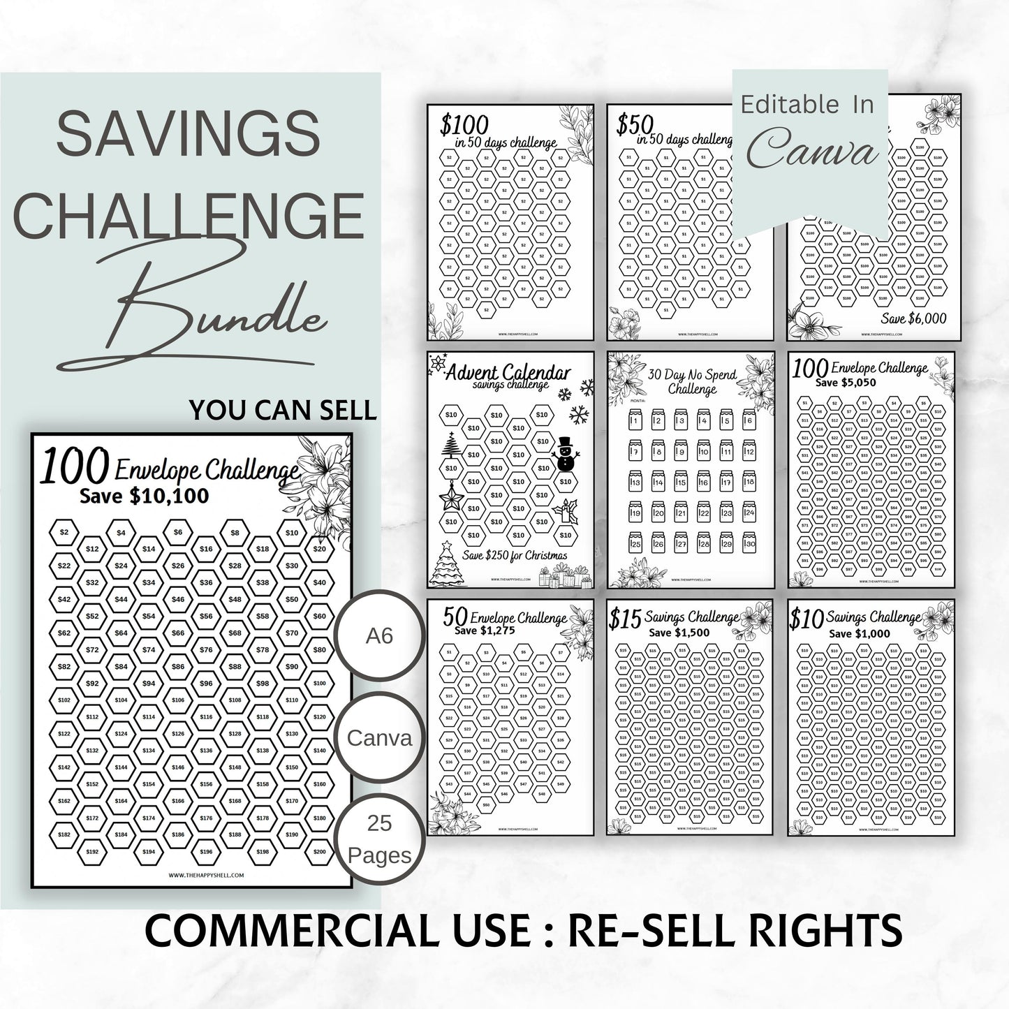 PLR Savings Challenge Templates, Printable PDF with Commercial License to Resell, PLR Printables, Canva Template Commercial, Money Saving Challenges, Private Label Rights